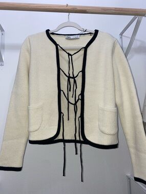Zara Cream Knit Cardigan with Black Trim Tie Front